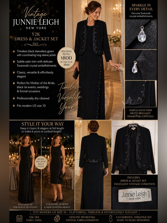 Junnie Leigh Dresses & Skirts - Vintage Y2K Junnie Leigh New York Black Evening Dress & Jacket Swarovski Crystal